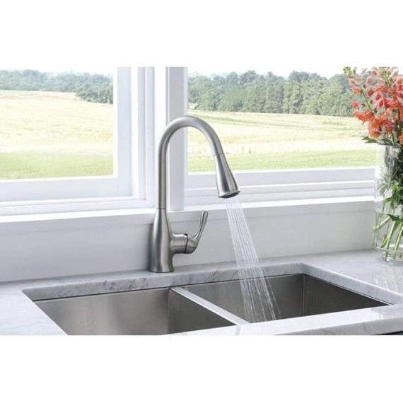 Kaden Spot Resist Stainless One-Handle Transitional Kitchen Pulldown Faucet with Reflex and Power Clean Spray Technology, 87966SRS