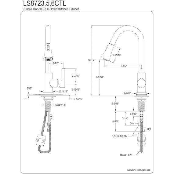 LS8725CTL Continental Single-Handle Pull-Down Kitchen Faucet, 8-3/8" in Spout Reach, Oil Rubbed Bronze