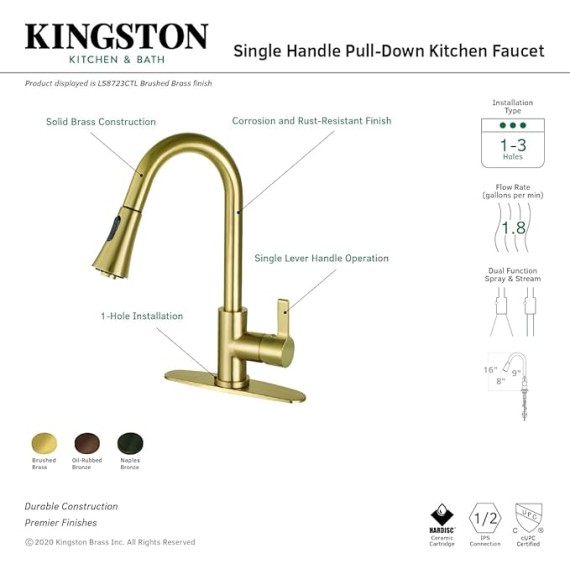 LS8725CTL Continental Single-Handle Pull-Down Kitchen Faucet, 8-3/8" in Spout Reach, Oil Rubbed Bronze
