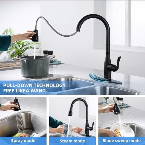 Touchless Kitchen Faucet with Pull Down Sprayer, Single Handle Motion Sensor Kitchen Faucet with 360-Degree Swivel, Matte Black Stainless Steel High Arc Kitchen Faucet with 3 Various Spray Functions