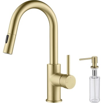 KKF2011 Pull Down Kitchen Faucet with Single Handle | Solid Brass High Arc Spout | Kitchen Sink Faucet with Pull Down Sprayer | Easy Clean | Brushed Gold Finish | Includes Soap Dispenser