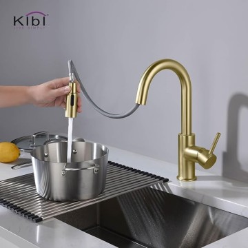 KKF2011 Pull Down Kitchen Faucet with Single Handle | Solid Brass High Arc Spout | Kitchen Sink Faucet with Pull Down Sprayer | Easy Clean | Brushed Gold Finish | Includes Soap Dispenser