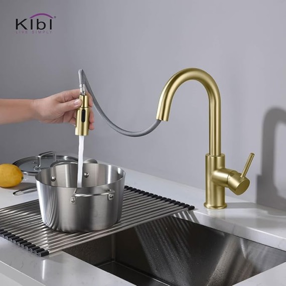 KKF2011 Pull Down Kitchen Faucet with Single Handle | Solid Brass High Arc Spout | Kitchen Sink Faucet with Pull Down Sprayer | Easy Clean | Brushed Gold Finish | Includes Soap Dispenser