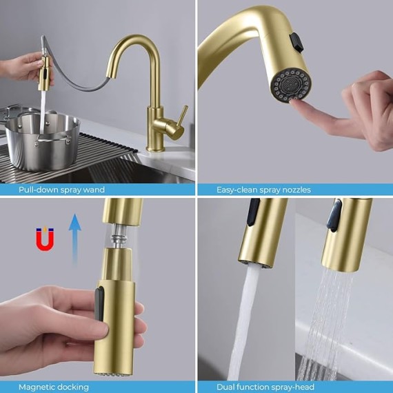 KKF2011 Pull Down Kitchen Faucet with Single Handle | Solid Brass High Arc Spout | Kitchen Sink Faucet with Pull Down Sprayer | Easy Clean | Brushed Gold Finish | Includes Soap Dispenser