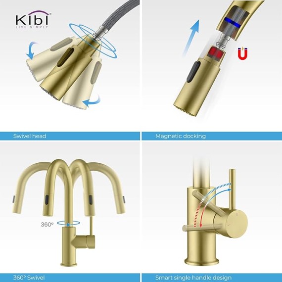 KKF2011 Pull Down Kitchen Faucet with Single Handle | Solid Brass High Arc Spout | Kitchen Sink Faucet with Pull Down Sprayer | Easy Clean | Brushed Gold Finish | Includes Soap Dispenser