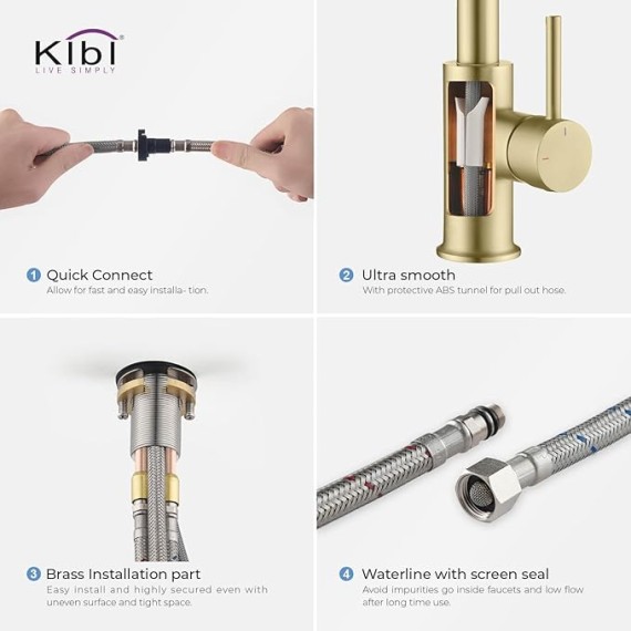 KKF2011 Pull Down Kitchen Faucet with Single Handle | Solid Brass High Arc Spout | Kitchen Sink Faucet with Pull Down Sprayer | Easy Clean | Brushed Gold Finish | Includes Soap Dispenser