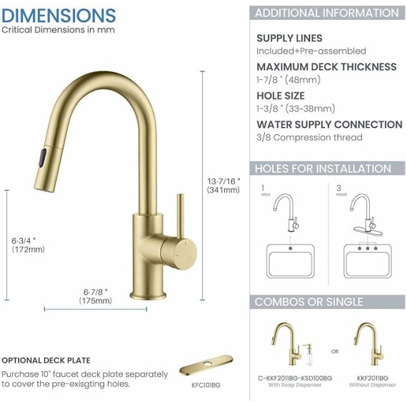 KKF2011 Pull Down Kitchen Faucet with Single Handle | Solid Brass High Arc Spout | Kitchen Sink Faucet with Pull Down Sprayer | Easy Clean | Brushed Gold Finish | Includes Soap Dispenser