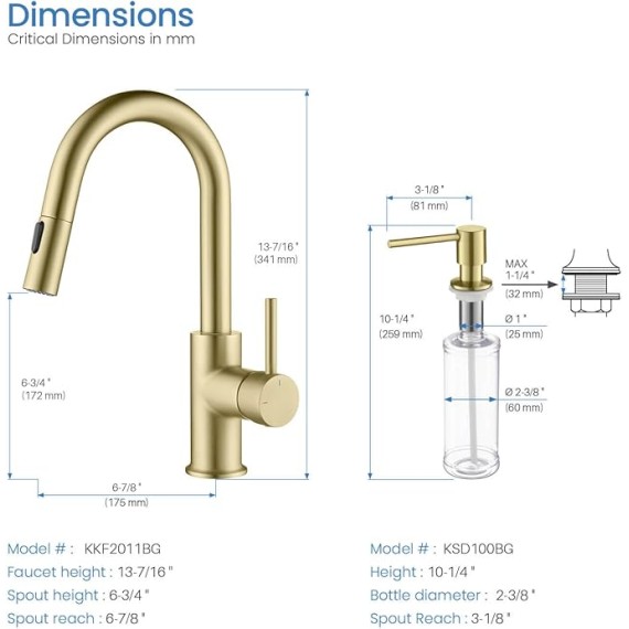 KKF2011 Pull Down Kitchen Faucet with Single Handle | Solid Brass High Arc Spout | Kitchen Sink Faucet with Pull Down Sprayer | Easy Clean | Brushed Gold Finish | Includes Soap Dispenser