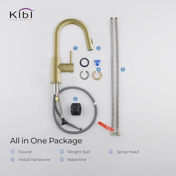 KKF2011 Pull Down Kitchen Faucet with Single Handle | Solid Brass High Arc Spout | Kitchen Sink Faucet with Pull Down Sprayer | Easy Clean | Brushed Gold Finish | Includes Soap Dispenser