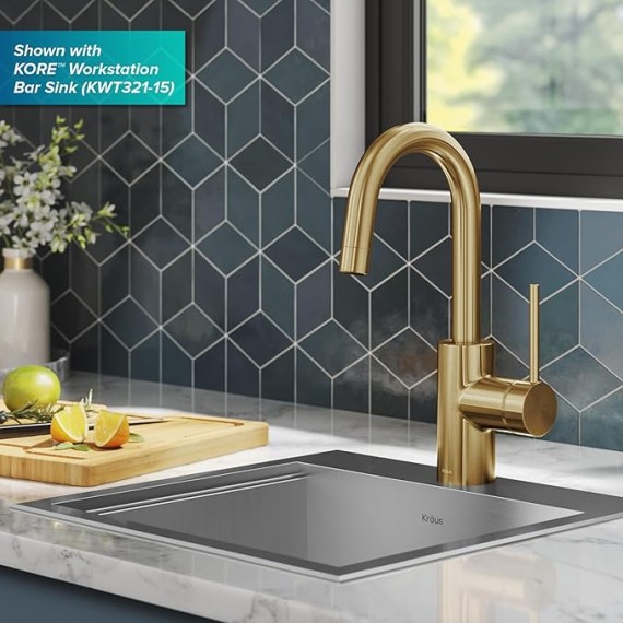  Oletto Single Handle Kitchen Bar Faucet with QuickDock Top Mount Assembly in Brushed Brass, KPF-2600BB