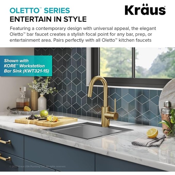  Oletto Single Handle Kitchen Bar Faucet with QuickDock Top Mount Assembly in Brushed Brass, KPF-2600BB