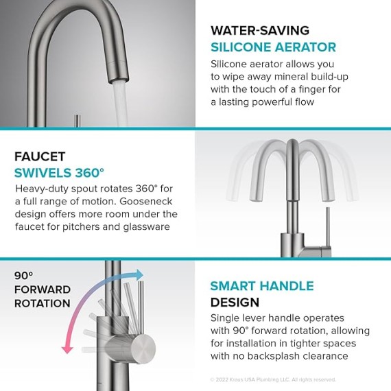  Oletto Single Handle Kitchen Bar Faucet with QuickDock Top Mount Assembly in Brushed Brass, KPF-2600BB