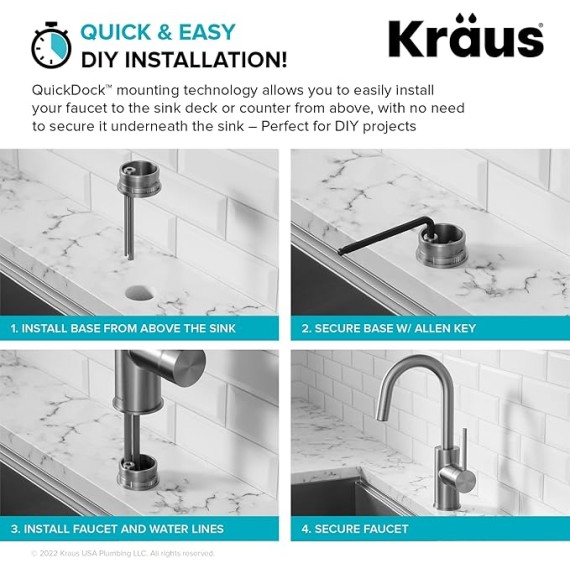  Oletto Single Handle Kitchen Bar Faucet with QuickDock Top Mount Assembly in Brushed Brass, KPF-2600BB