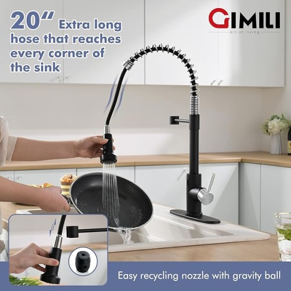 Black and Nickel Touchless Kitchen Faucet with Pull Down Sprayer, Motion Sensor Smart Hands-Free Single Handle Kitchen Sink Faucet, Single Hole Kitchen Spring Faucet