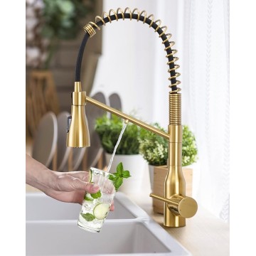 3-in-1 Kitchen Faucet Drinking Water Faucet - Brushed Gold Drinking Water Faucet Commercial Style Pull-Down Single Handle Filter Kitchen Faucet for Water Filtration System