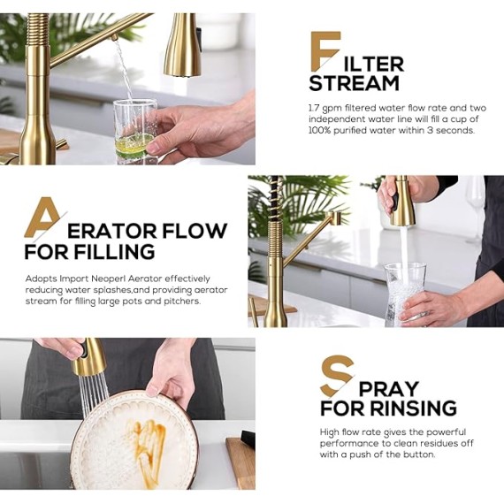 3-in-1 Kitchen Faucet Drinking Water Faucet - Brushed Gold Drinking Water Faucet Commercial Style Pull-Down Single Handle Filter Kitchen Faucet for Water Filtration System