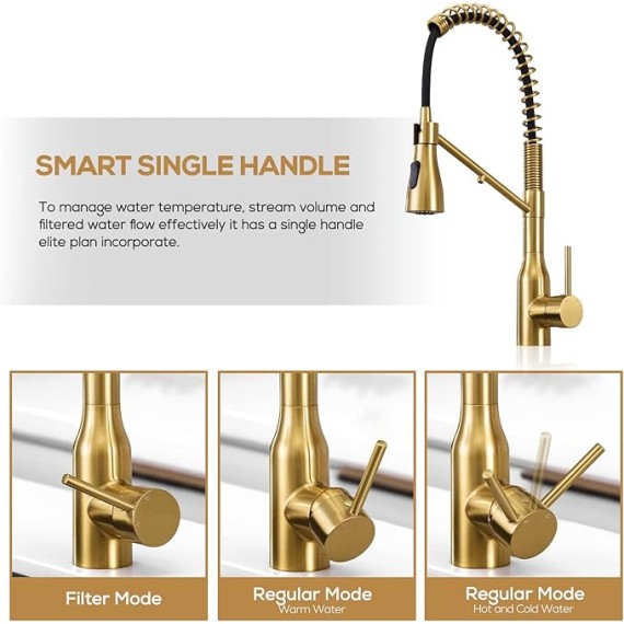 3-in-1 Kitchen Faucet Drinking Water Faucet - Brushed Gold Drinking Water Faucet Commercial Style Pull-Down Single Handle Filter Kitchen Faucet for Water Filtration System