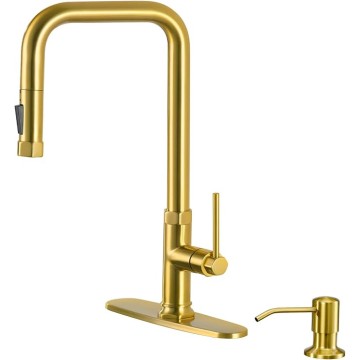 Brushed Gold Kitchen Faucets with Soap Dispenser - Modern Single Handle Pull-Down Sprayer Kitchen Faucet with Soap Dispenser, Brass Kitchen Faucet