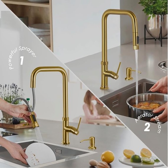 Brushed Gold Kitchen Faucets with Soap Dispenser - Modern Single Handle Pull-Down Sprayer Kitchen Faucet with Soap Dispenser, Brass Kitchen Faucet