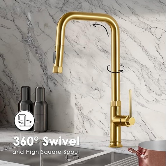 Brushed Gold Kitchen Faucets with Soap Dispenser - Modern Single Handle Pull-Down Sprayer Kitchen Faucet with Soap Dispenser, Brass Kitchen Faucet