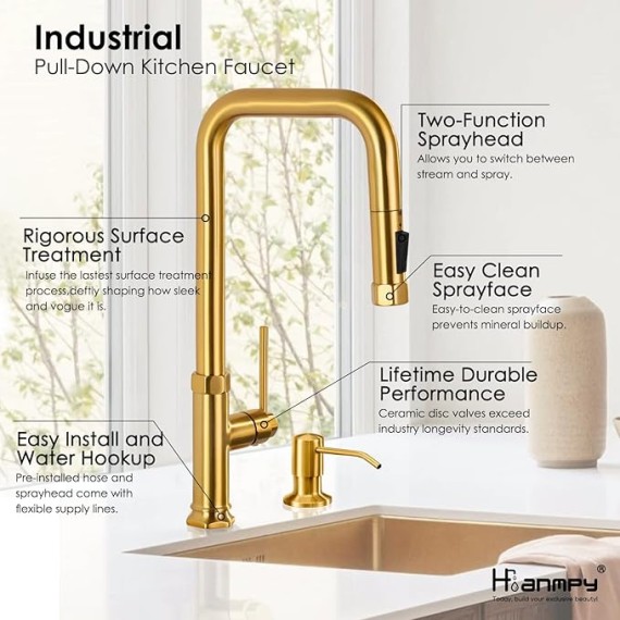 Brushed Gold Kitchen Faucets with Soap Dispenser - Modern Single Handle Pull-Down Sprayer Kitchen Faucet with Soap Dispenser, Brass Kitchen Faucet