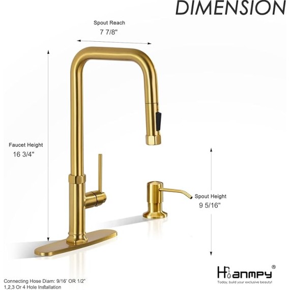 Brushed Gold Kitchen Faucets with Soap Dispenser - Modern Single Handle Pull-Down Sprayer Kitchen Faucet with Soap Dispenser, Brass Kitchen Faucet