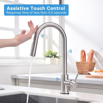 Touch Kitchen Sink Faucets with Pull Down Sprayer, Touch on Activated Faucet for Kitchen Bar Sink, Smart Kitchen Faucet, Stainless Steel Brushed Silver (Brushed Stainless Steel)