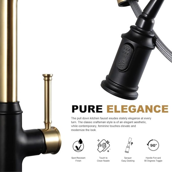 Curtura Black and Gold Kitchen Faucet with Pull-Down Sprayer, Single Handle Kitchen Sink Faucet with 2-Function Sprayer for 1 Hole and 3 Hole, Deck Plate Included, KF421-GB