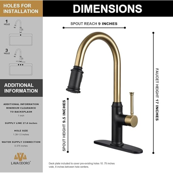 Curtura Black and Gold Kitchen Faucet with Pull-Down Sprayer, Single Handle Kitchen Sink Faucet with 2-Function Sprayer for 1 Hole and 3 Hole, Deck Plate Included, KF421-GB