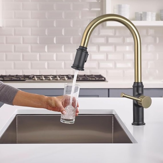 Curtura Black and Gold Kitchen Faucet with Pull-Down Sprayer, Single Handle Kitchen Sink Faucet with 2-Function Sprayer for 1 Hole and 3 Hole, Deck Plate Included, KF421-GB