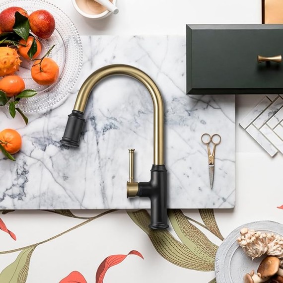 Curtura Black and Gold Kitchen Faucet with Pull-Down Sprayer, Single Handle Kitchen Sink Faucet with 2-Function Sprayer for 1 Hole and 3 Hole, Deck Plate Included, KF421-GB
