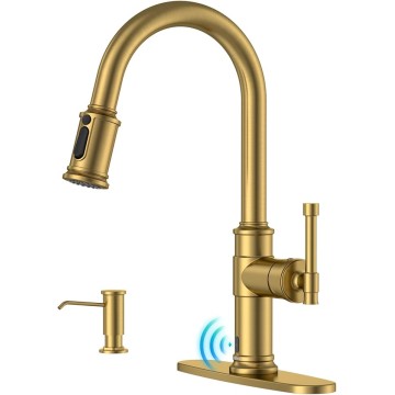 Touchless Brushed Gold Kitchen Sink Faucets with Soap Dispenser, Pull Down Motion Sensor Hand-Free Single Handle Faucet for Kitchen Sink High Arc, DAY136TL-BTG