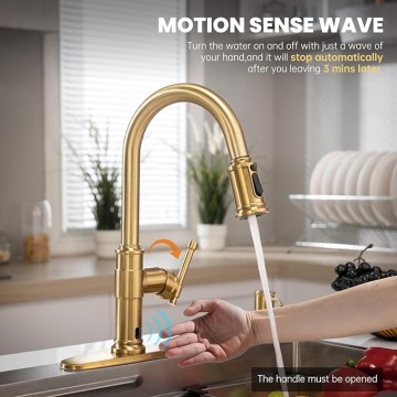 Touchless Brushed Gold Kitchen Sink Faucets with Soap Dispenser, Pull Down Motion Sensor Hand-Free Single Handle Faucet for Kitchen Sink High Arc, DAY136TL-BTG