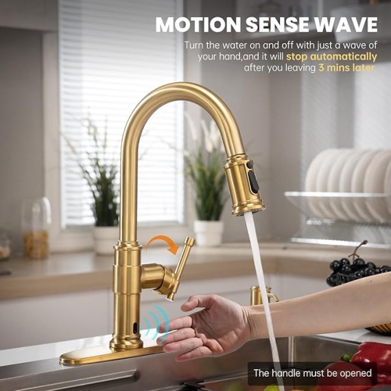 Touchless Brushed Gold Kitchen Sink Faucets with Soap Dispenser, Pull Down Motion Sensor Hand-Free Single Handle Faucet for Kitchen Sink High Arc, DAY136TL-BTG