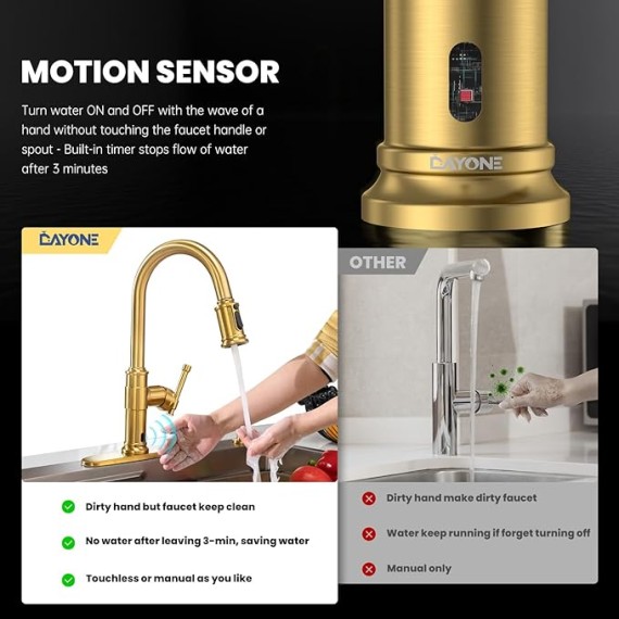 Touchless Brushed Gold Kitchen Sink Faucets with Soap Dispenser, Pull Down Motion Sensor Hand-Free Single Handle Faucet for Kitchen Sink High Arc, DAY136TL-BTG