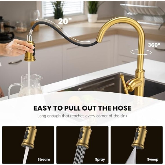 Touchless Brushed Gold Kitchen Sink Faucets with Soap Dispenser, Pull Down Motion Sensor Hand-Free Single Handle Faucet for Kitchen Sink High Arc, DAY136TL-BTG