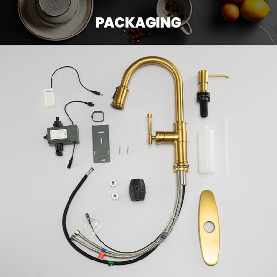 Touchless Brushed Gold Kitchen Sink Faucets with Soap Dispenser, Pull Down Motion Sensor Hand-Free Single Handle Faucet for Kitchen Sink High Arc, DAY136TL-BTG