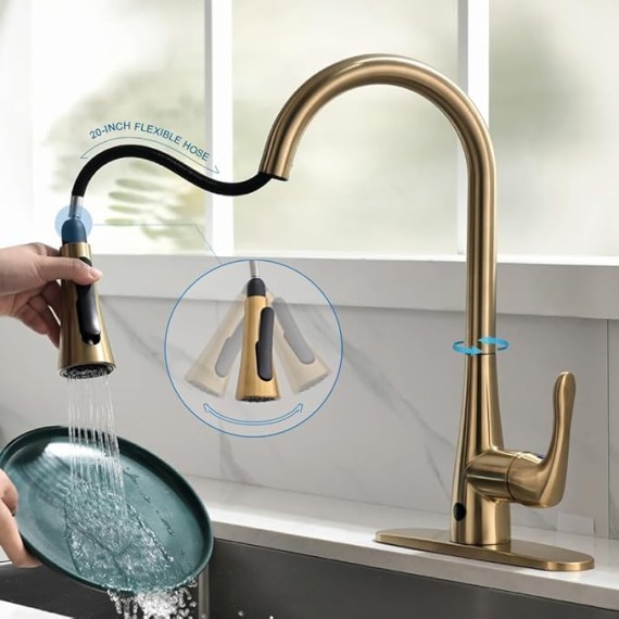 Touchless Kitchen Faucet,Dual Motion Sensor Kitchen Sink faucets with Pull Down Sprayer,Healthy Material,Easy DIY Install (Gold)