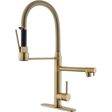 Commercial Dual-Spout Gold Kitchen Sink Faucet with Pull Down Sprayer