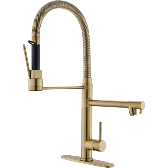 Commercial Dual-Spout Gold Kitchen Sink Faucet with Pull Down Sprayer