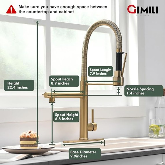 Commercial Dual-Spout Gold Kitchen Sink Faucet with Pull Down Sprayer