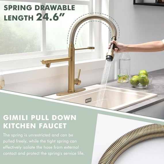 Commercial Dual-Spout Gold Kitchen Sink Faucet with Pull Down Sprayer