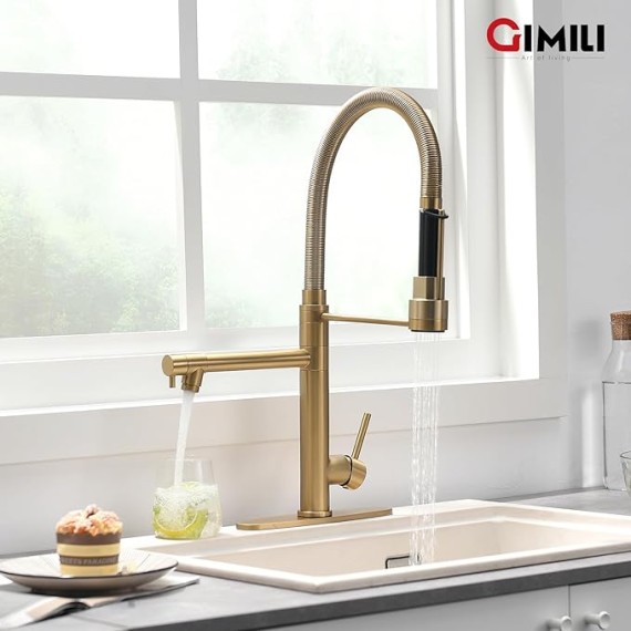 Commercial Dual-Spout Gold Kitchen Sink Faucet with Pull Down Sprayer