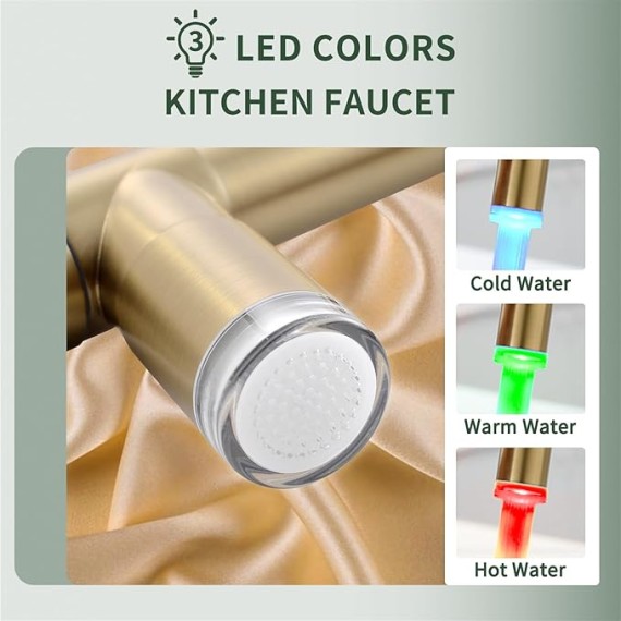 LED Kitchen Sink Faucet with Pull Down Sprayer Brushed Gold