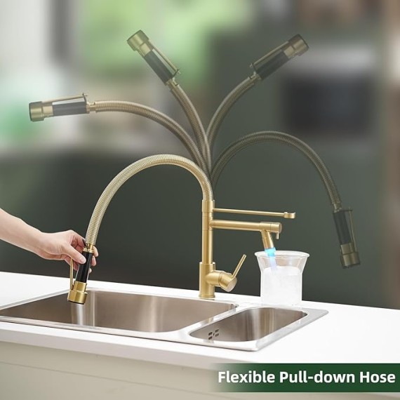 LED Kitchen Sink Faucet with Pull Down Sprayer Brushed Gold