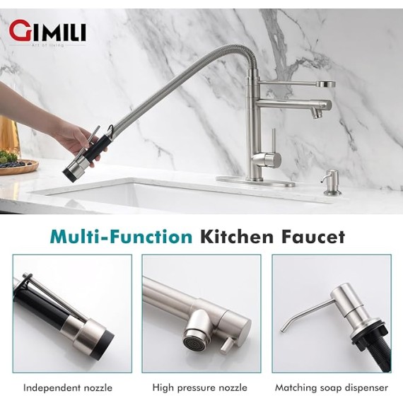 Kitchen Faucet with Soap Dispenser Commercial Kitchen Faucet with Pull Down Sprayer Double-Headed Single Handle Spring Stainless Steel Brushed Nickel Kitchen Sink Faucet