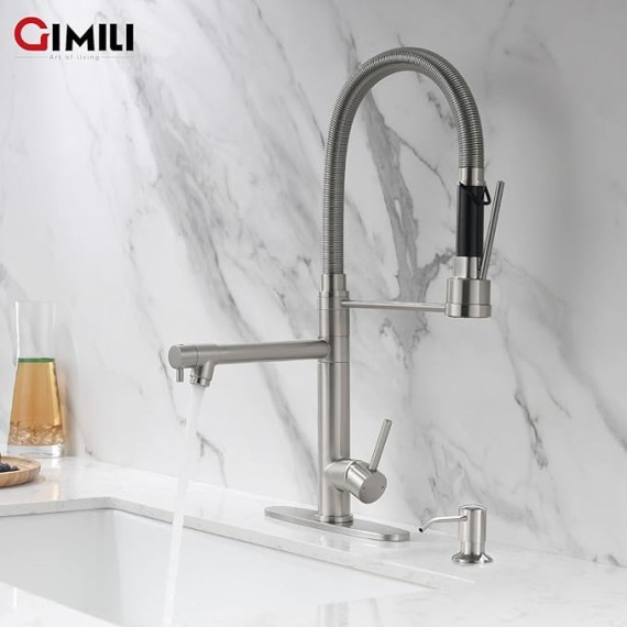 Kitchen Faucet with Soap Dispenser Commercial Kitchen Faucet with Pull Down Sprayer Double-Headed Single Handle Spring Stainless Steel Brushed Nickel Kitchen Sink Faucet