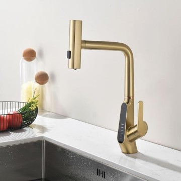 Waterfall Kitchen Sink Mixer Taps with Pull Out Sprayer, 3 Modes Kitchen Sink Faucet, 360° Rotation, Digital Display, Single Lever Kitchen Tap, 59A Copper, Anti-Corrosion, Durable