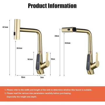 Waterfall Kitchen Sink Mixer Taps with Pull Out Sprayer, 3 Modes Kitchen Sink Faucet, 360° Rotation, Digital Display, Single Lever Kitchen Tap, 59A Copper, Anti-Corrosion, Durable