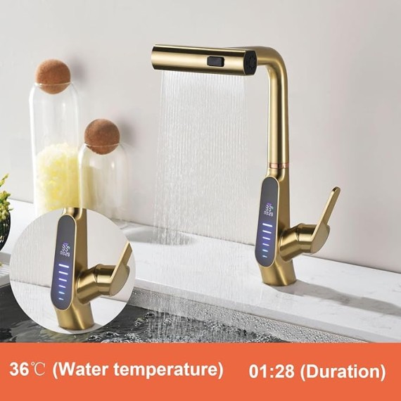 Waterfall Kitchen Sink Mixer Taps with Pull Out Sprayer, 3 Modes Kitchen Sink Faucet, 360° Rotation, Digital Display, Single Lever Kitchen Tap, 59A Copper, Anti-Corrosion, Durable